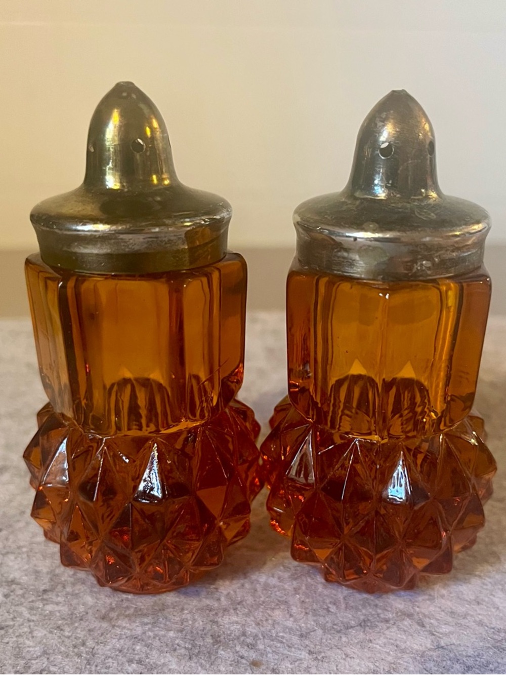 Vintage MCM Amber Indiana Glass Diamond Point Salt Pepper Shakers